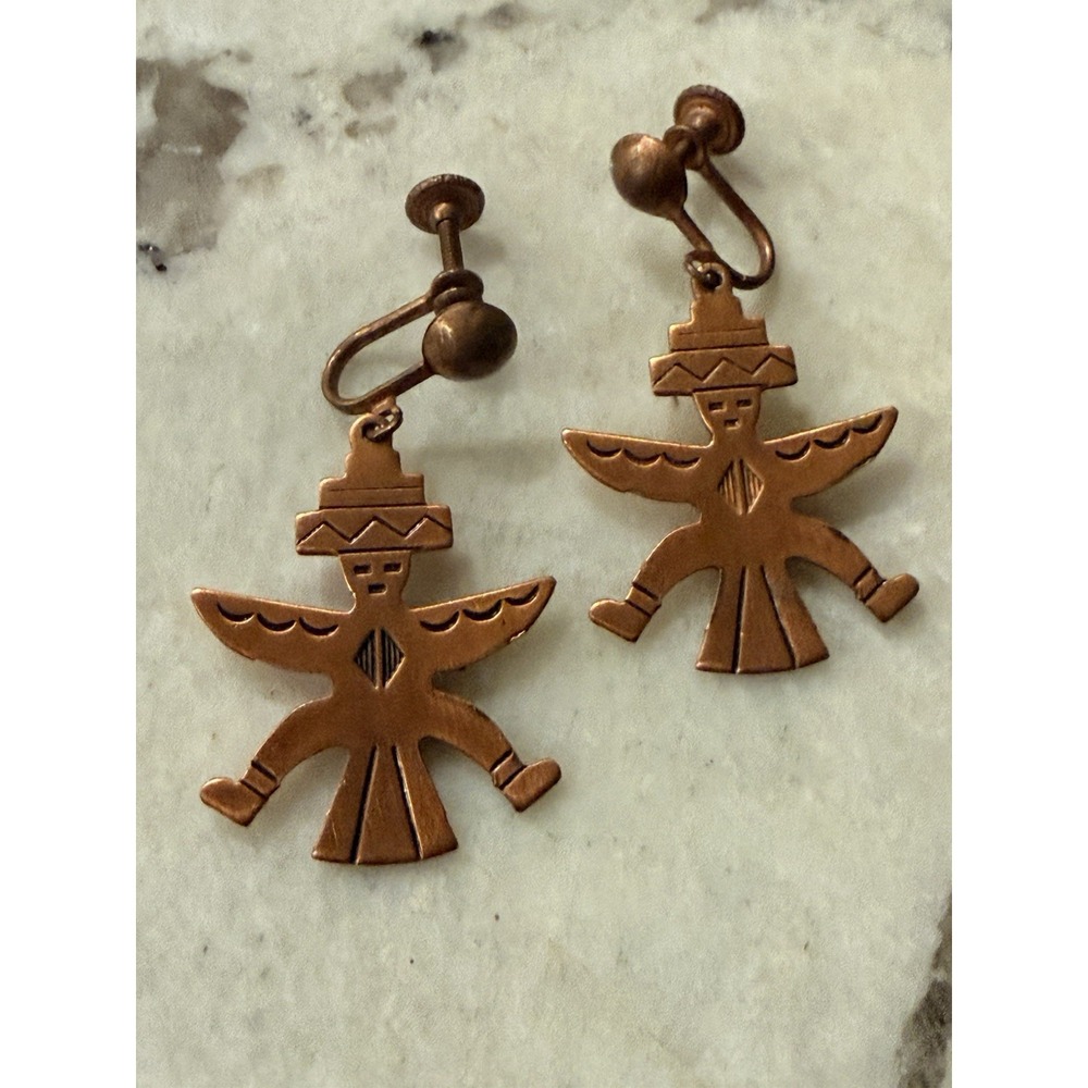 Vintage Copper Native Dancer Earrings Screw Back Southwest Kachina Thunderbird
